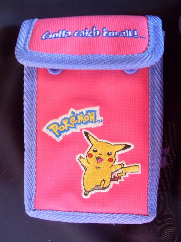 Pink and purple embroidered Pikachu Gameboy carrying case.