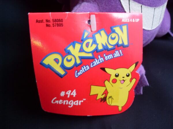 1999 Pokemon plush toy Gengar, tag close-up.