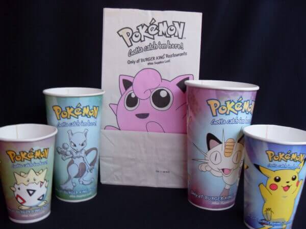 1999 Burger King Pokemon promotion, branded cups and bags.