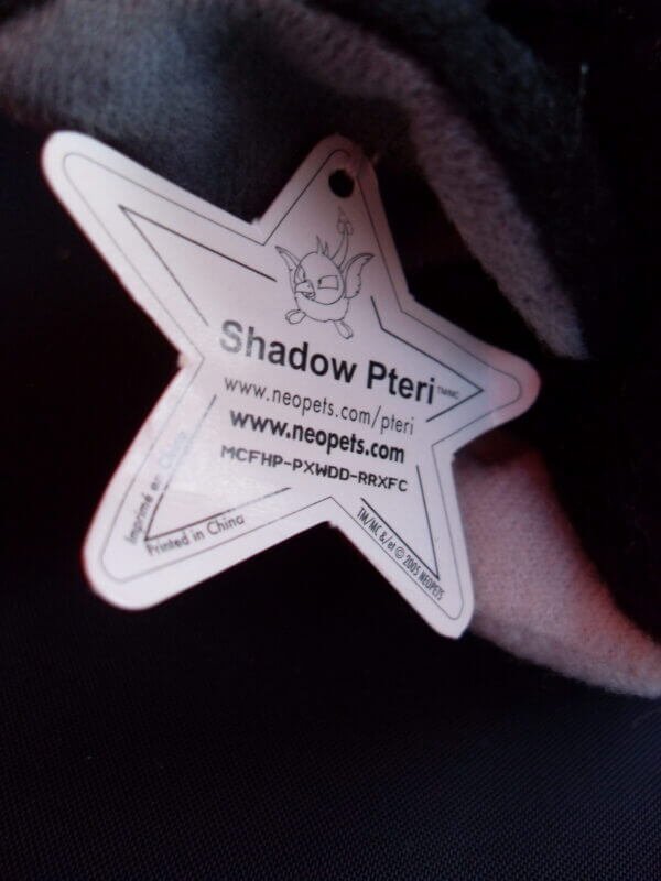 2005 Neopets McDonald's promo plush toy, Shadow Pteri tag.