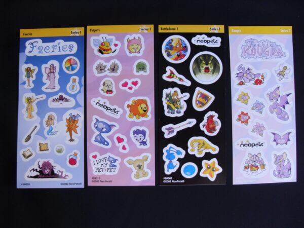 Faerie, Petpets, Battledome 1, and Faerie Kougra sticker sheets.