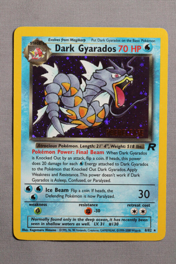 Dark Gyarados (8/82), the Prerelease promo holofoil Team Rocket card, front view.