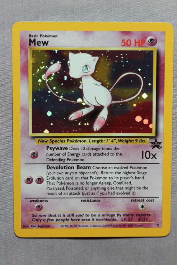 Mew (9), the holographic WOTC Black Star promo card, detail shot (2/8).