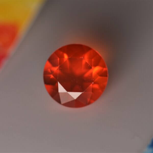 Mexican Fire Opal, 7mm round cut, top view.