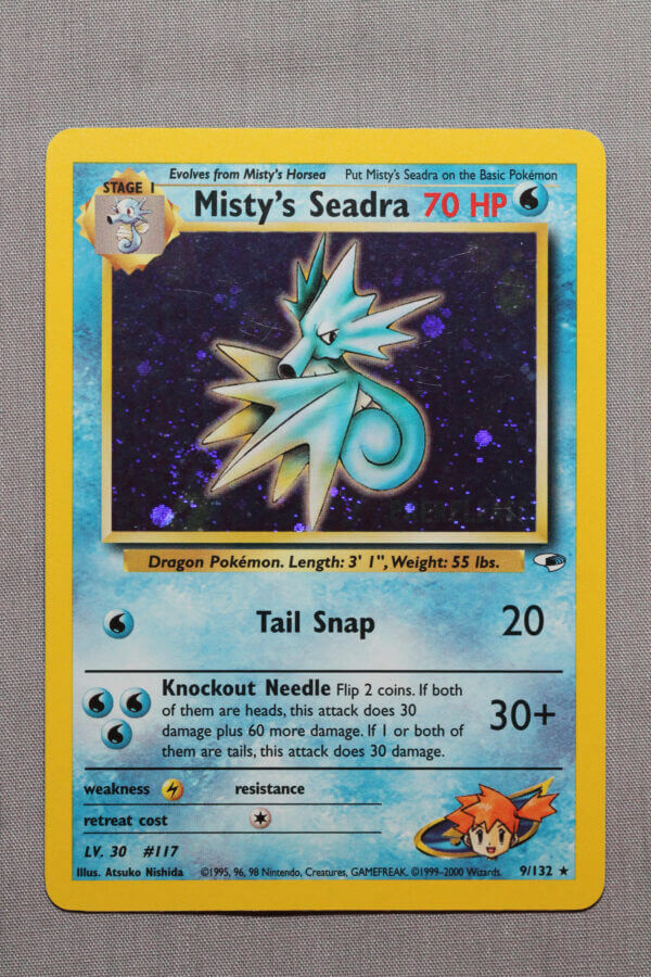 Misty's Seadra (9/132), the Prerelease promo holofoil Gym Heroes card, detail shot (1/6).