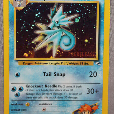 Misty's Seadra (9/132), the Prerelease promo holofoil Gym Heroes card, front view.