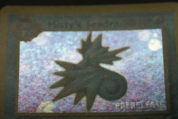 Misty's Seadra (9/132), the Prerelease promo holofoil Gym Heroes card, detail shot (2/6).