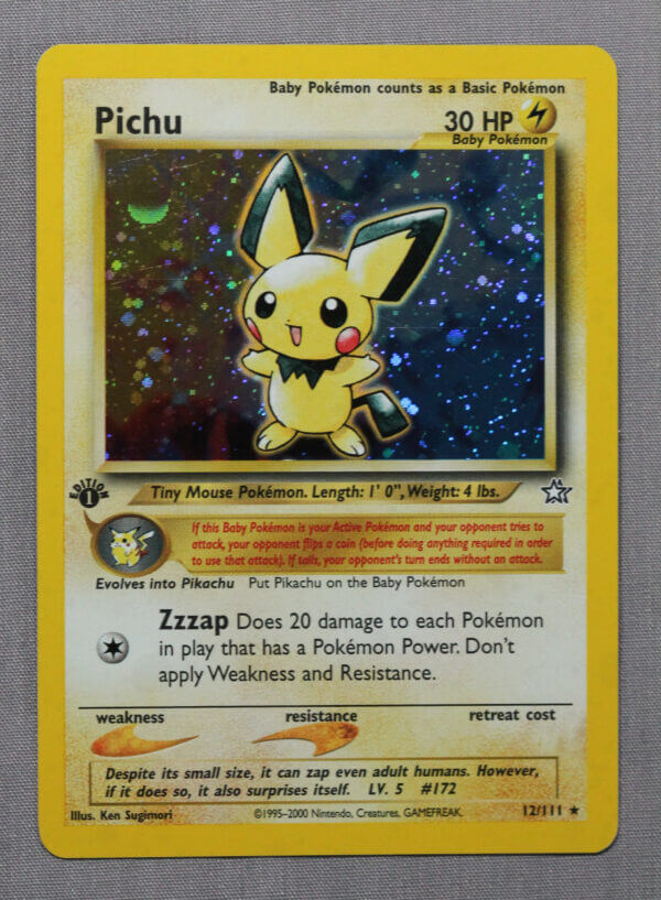 Pichu (12/111), the 1st edition Neo Genesis card, detail shot (1/3).