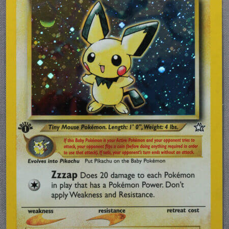 Pichu (12/111), the 1st edition Neo Genesis card, front view.