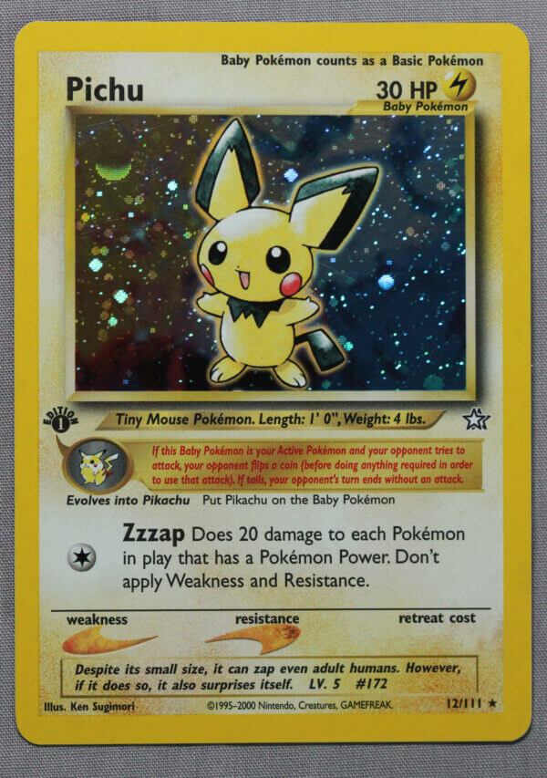 Pichu (12/111), the 1st edition Neo Genesis card, front view.