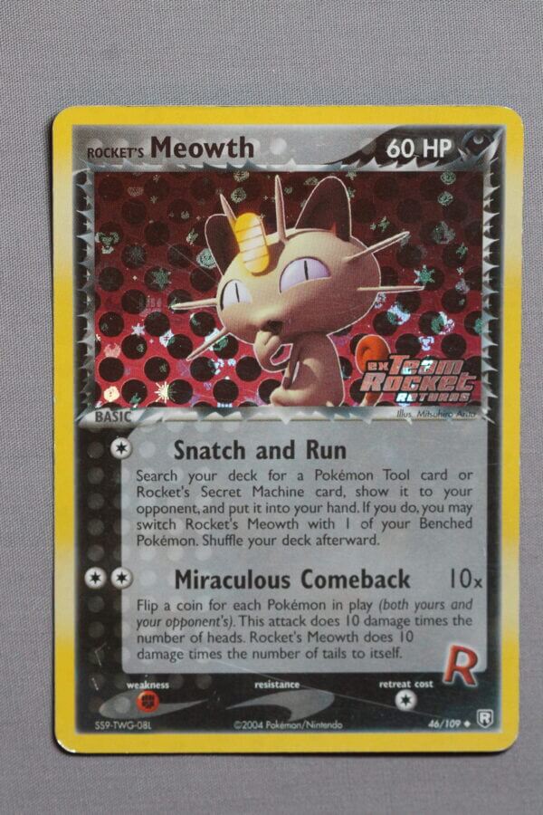 Rocket's Meowth (46/109), the reverse holofoil EX Team Rocket Returns card, front view.