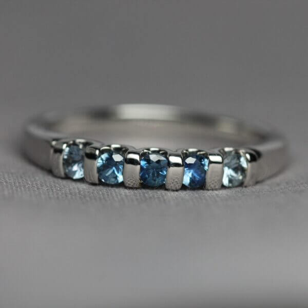 14kt White Gold and Blue Montana Sapphire stacking ring, front view.
