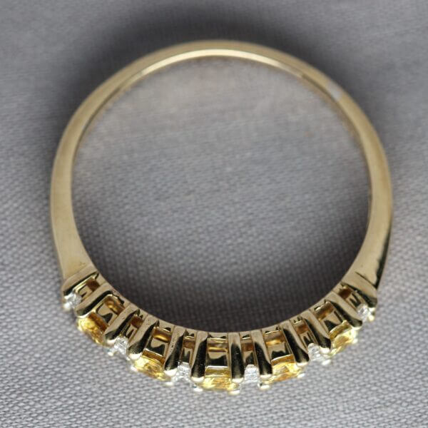 14kt Yellow Gold, Diamond, and 5 stone Yellow Montana Sapphire ring, top view.