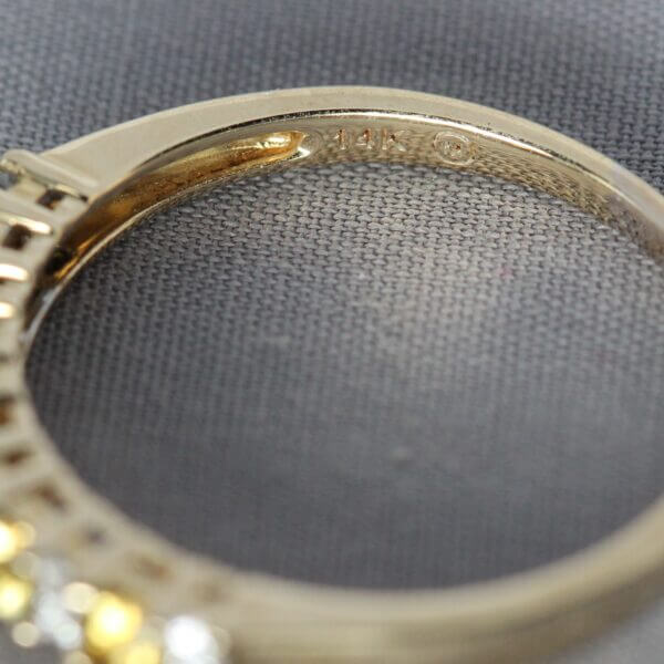 14kt Yellow Gold, Diamond, and 5 stone Yellow Montana Sapphire ring, mark view.
