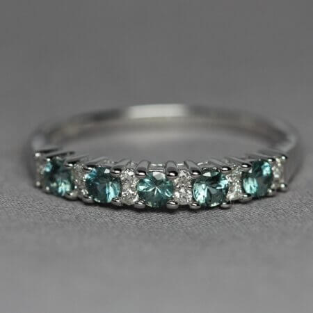 14kt White Gold, Diamond, and 5 stone Green Montana Sapphire ring, front view.