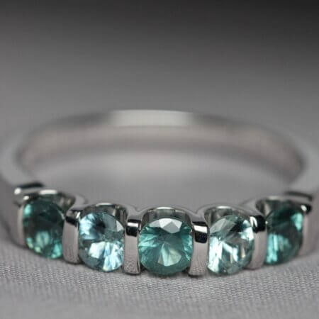 14kt White Gold and 5 stone Green Montana Sapphire ring, front view.
