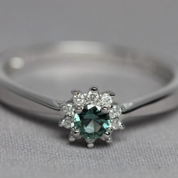 14kt White Gold, Diamond, and Green Montana Sapphire flower ring, front view.