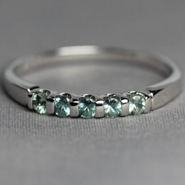 14kt White Gold and Green Montana Sapphire stacking ring, front view.