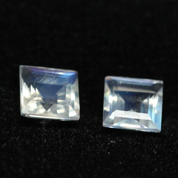 Moonstone, 5mm faceted square cut matched pair, front view.