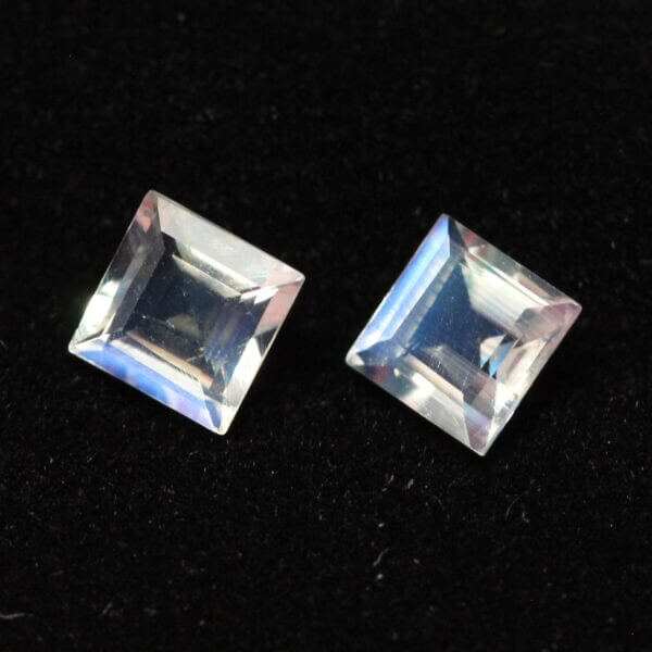 Moonstone, 5mm faceted square cut matched pair, side view.