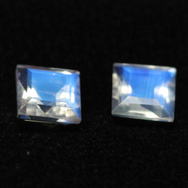 Moonstone, 5mm faceted square cut matched pair, front view.
