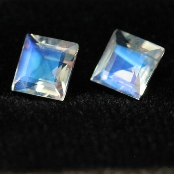 Moonstone, 5mm faceted square cut matched pair, side view.