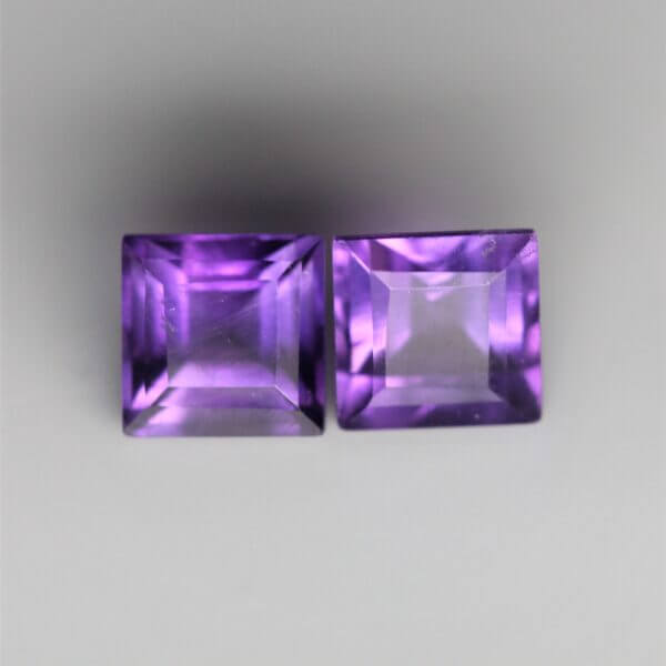 African Amethyst, 4mm square cut matched pair, front view.