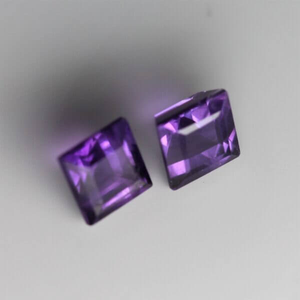 African Amethyst, 4mm square cut matched pair, side view.