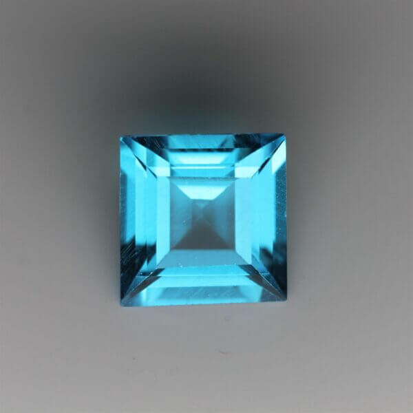 Swiss Blue Topaz, 10mm square cut, front view.