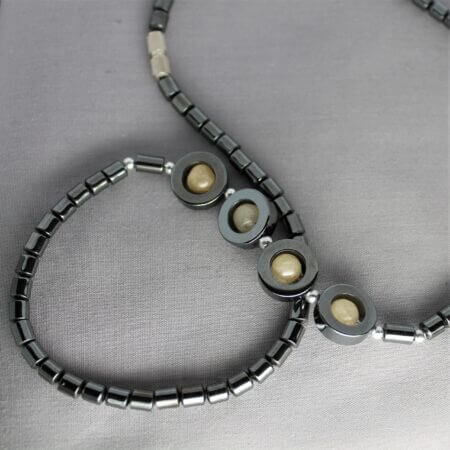 Hematite and Citrine necklace, front view.