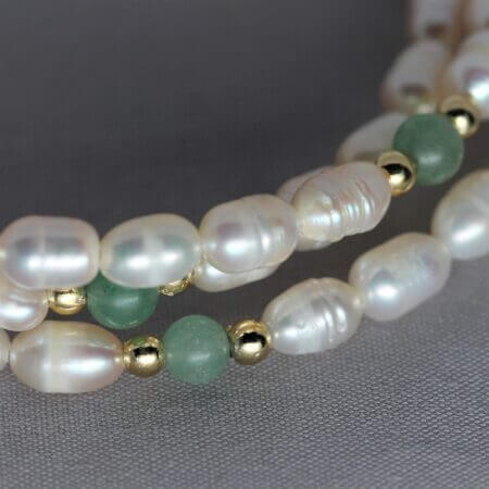 Freshwater Pearl and Jadeite bracelet, detail shot.