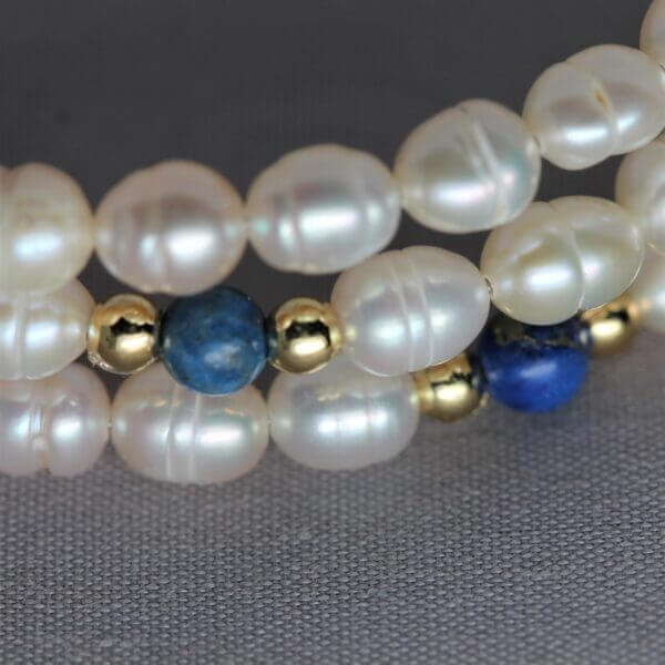 Freshwater Pearl and Lapis Lazuli bracelet, detail shot.