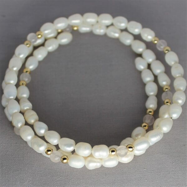Freshwater Pearl and Rose Quartz bracelet, front view.