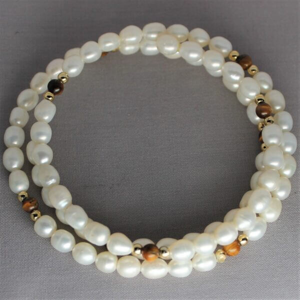 Freshwater Pearl and Tiger's Eye bracelet, front view.